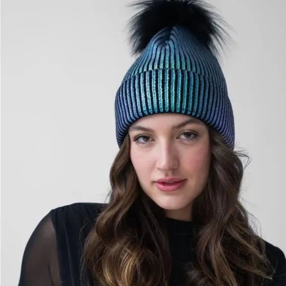 Adrienne Landau Sea Blue Metallic Beanie‎ Faux Fur Pom | Y2K Ethereal Winter Hat
